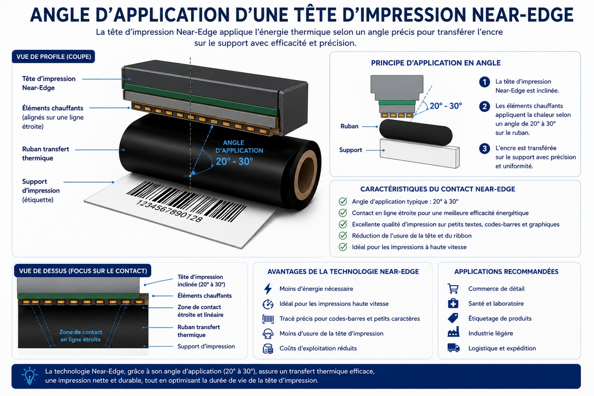 Schéma détaillé de l'angle d'application d'une tête d'impression near-edge