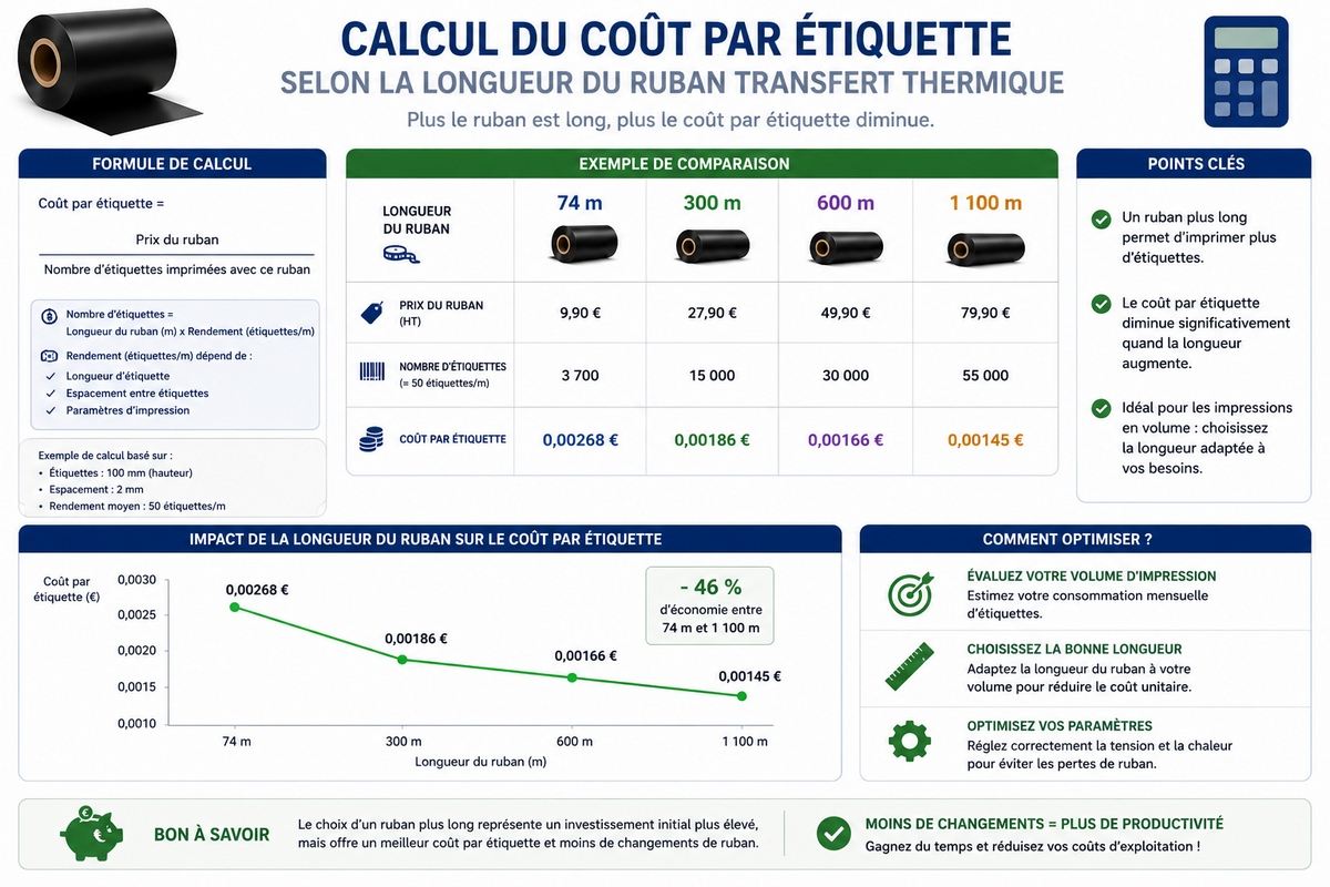 Graphique illustrant le calcul du coût par étiquette selon la longueur du ruban