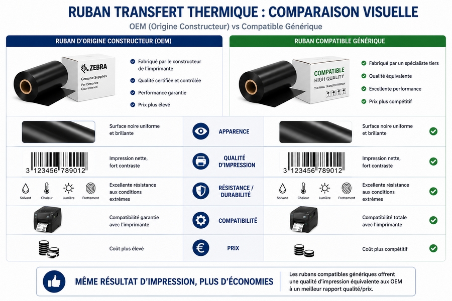 Comparaison visuelle entre un ruban d'origine constructeur OEM et un ruban compatible générique