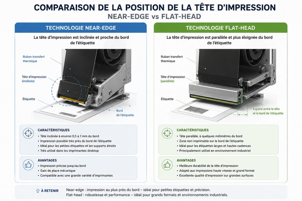 Schéma mécanique comparant l'angle d'application d'une tête near-edge et d'une tête flat-head