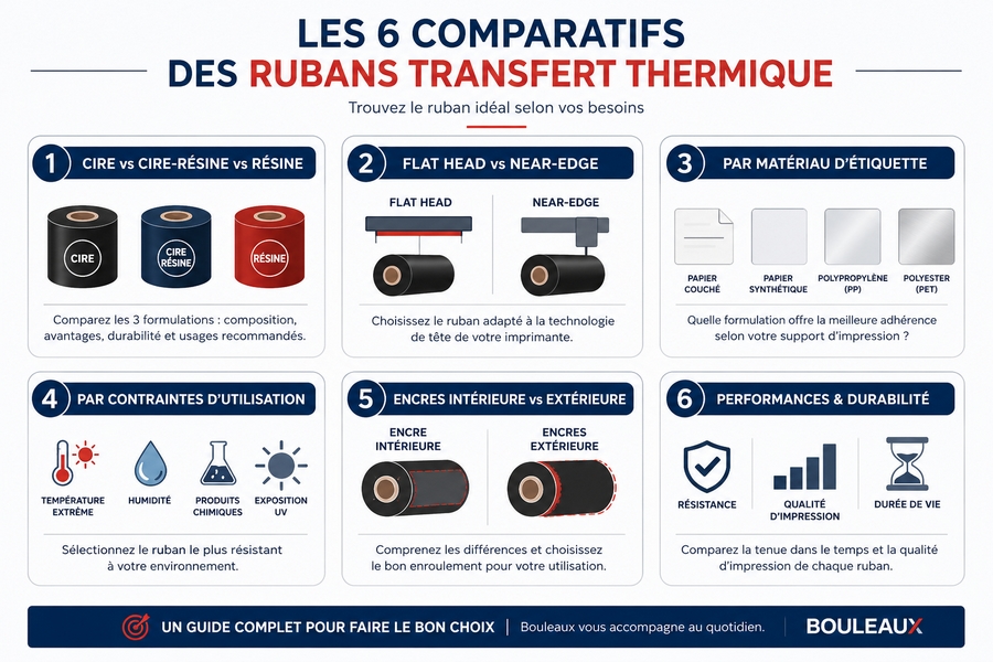 Vue d'ensemble vectorielle des six comparatifs de rubans transfert thermique proposés