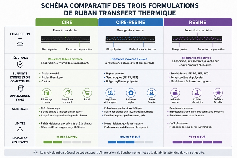Schéma comparatif des trois formulations de ruban transfert thermique cire, cire-résine et résine