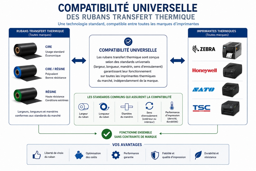 Schéma illustrant la compatibilité universelle des rubans transfert thermique entre marques d'imprimantes