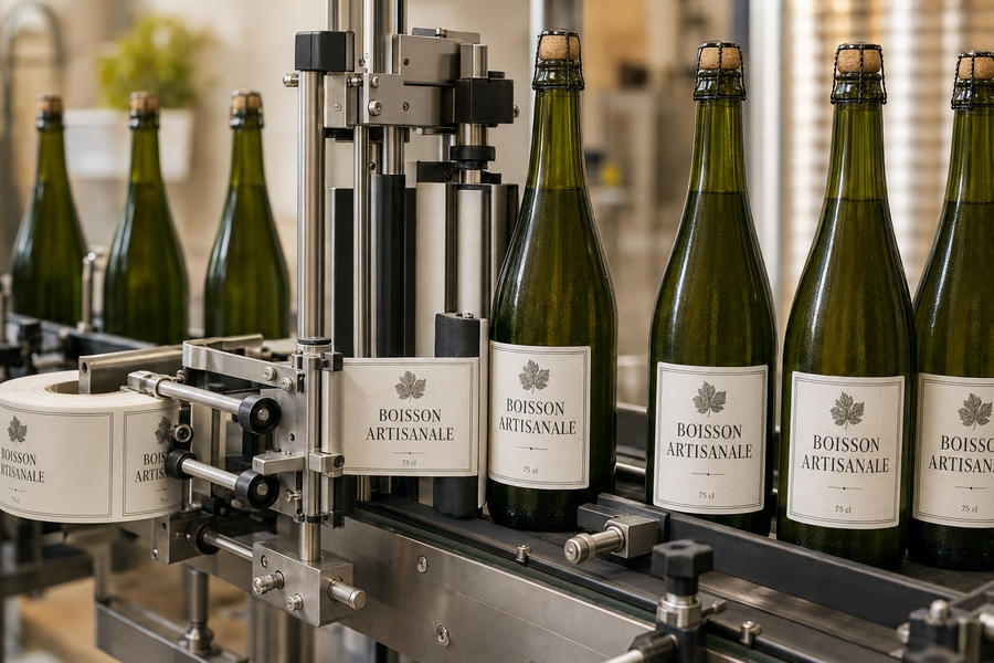 Application automatisée d'une étiquette sur une ligne d'embouteillage de boissons artisanales