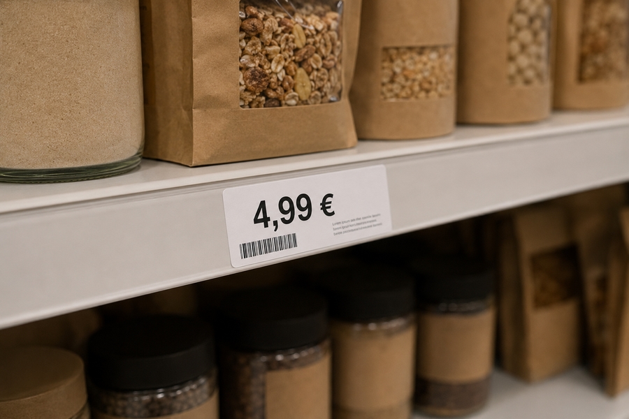  Étiquette de prix adhésive collée en bord de tablette dans un linéaire de magasin
