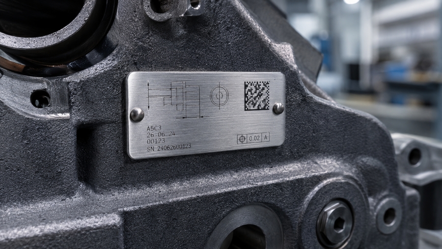 Étiquette en aluminium anodisé fixée sur une pièce mécanique automobile pour un marquage permanent
