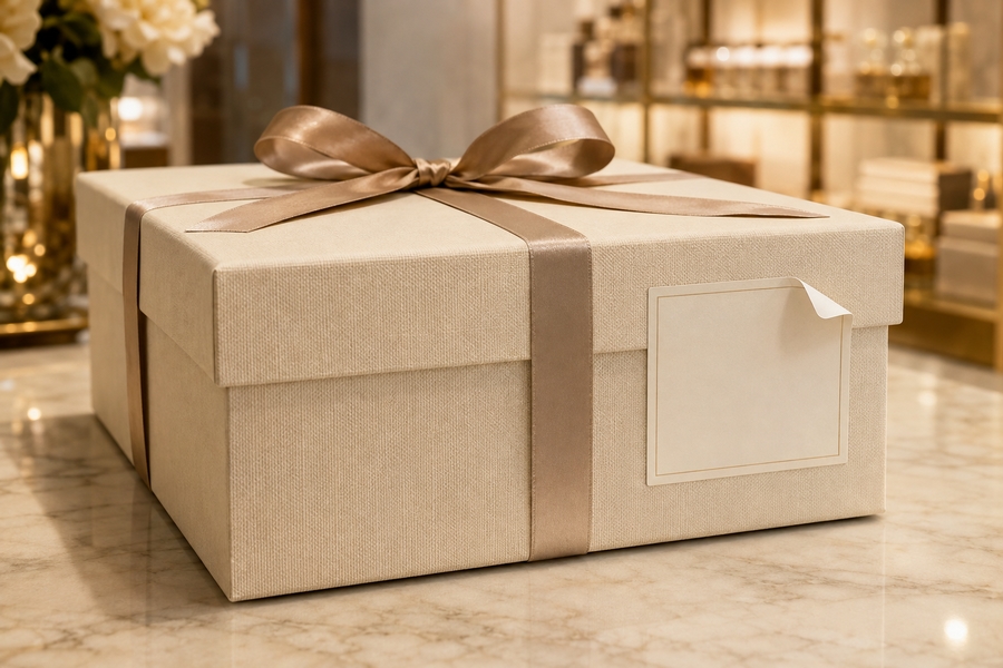 Étiquette amovible appliquée sur un emballage premium en boutique