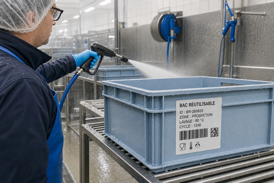 Étiquette technique résistante apposée sur un bac réutilisable près d'un poste de lavage industriel