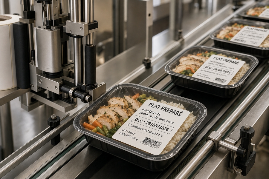 Étiquette imprimée appliquée sur une barquette de plat préparé en cuisine centrale