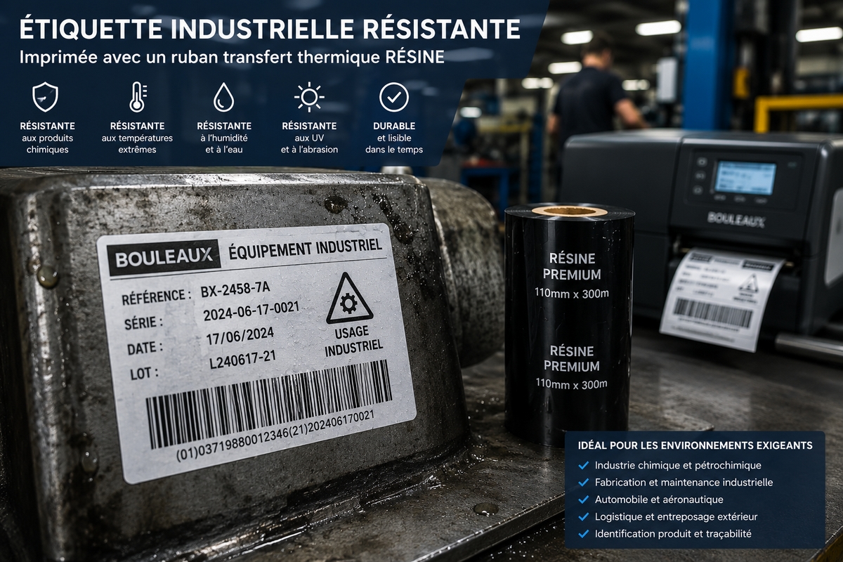 Étiquette industrielle résistante imprimée avec un ruban transfert thermique résine en atelier