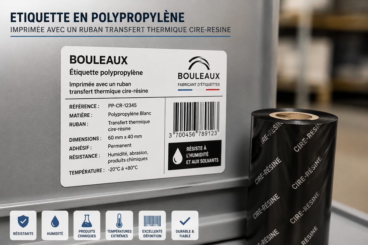 Étiquette en polypropylène imprimée avec un ruban transfert thermique cire-résine