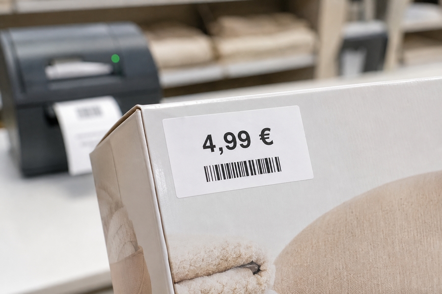 Étiquette de prix en bobine appliquée sur un produit en magasin