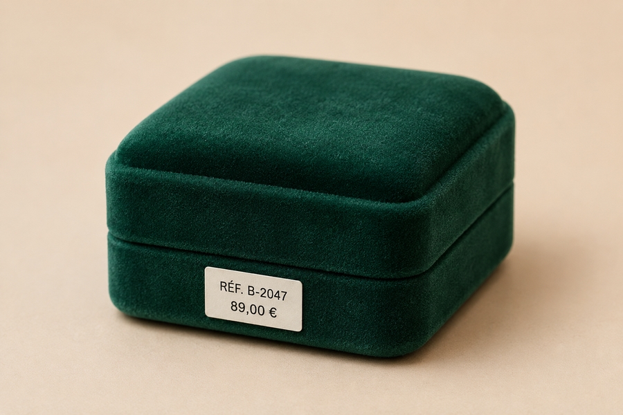 Étiquette de prix petit format apposée sur un écrin à bijoux