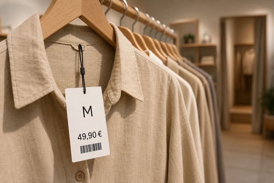 Étiquette de prix et de taille attachée à un vêtement sur cintre
