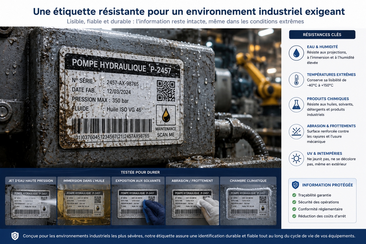Illustration d'une étiquette résistante exposée à un environnement industriel exigeant