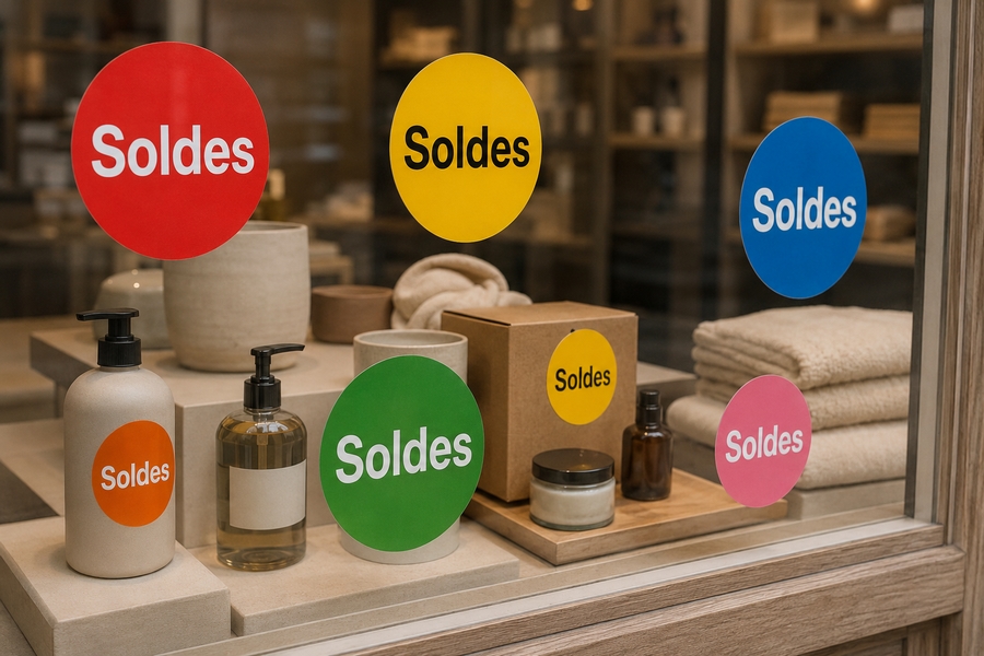 Étiquettes de soldes en plusieurs coloris appliquées sur une vitrine de boutique