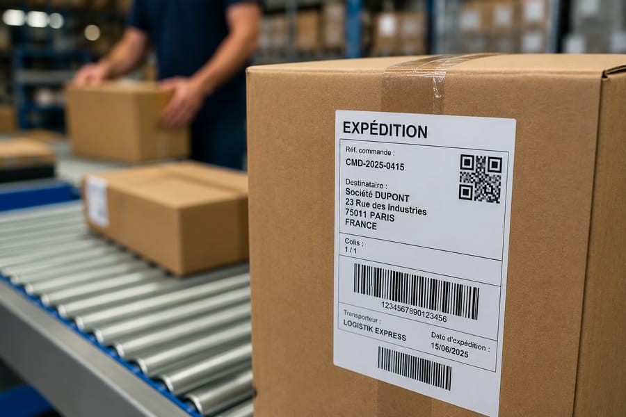 Étiquette thermique directe appliquée sur un colis en zone d'expédition logistique