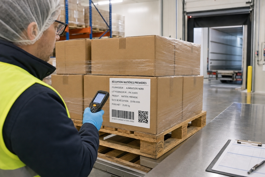 Étiquette de traçabilité apposée sur un carton lors de la réception de matières premières