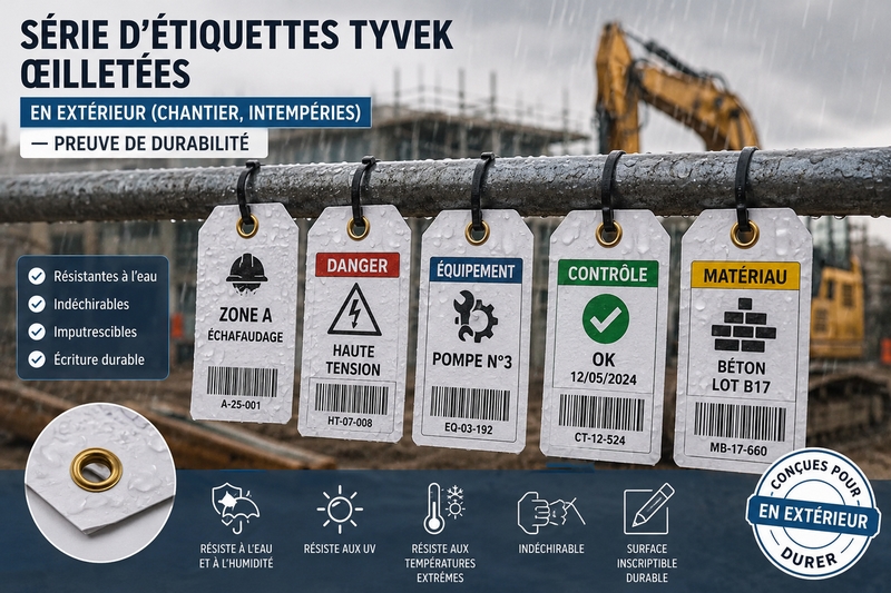 Étiquettes américaines Tyvek indéchirables avec œillet utilisées en extérieur sur un chantier