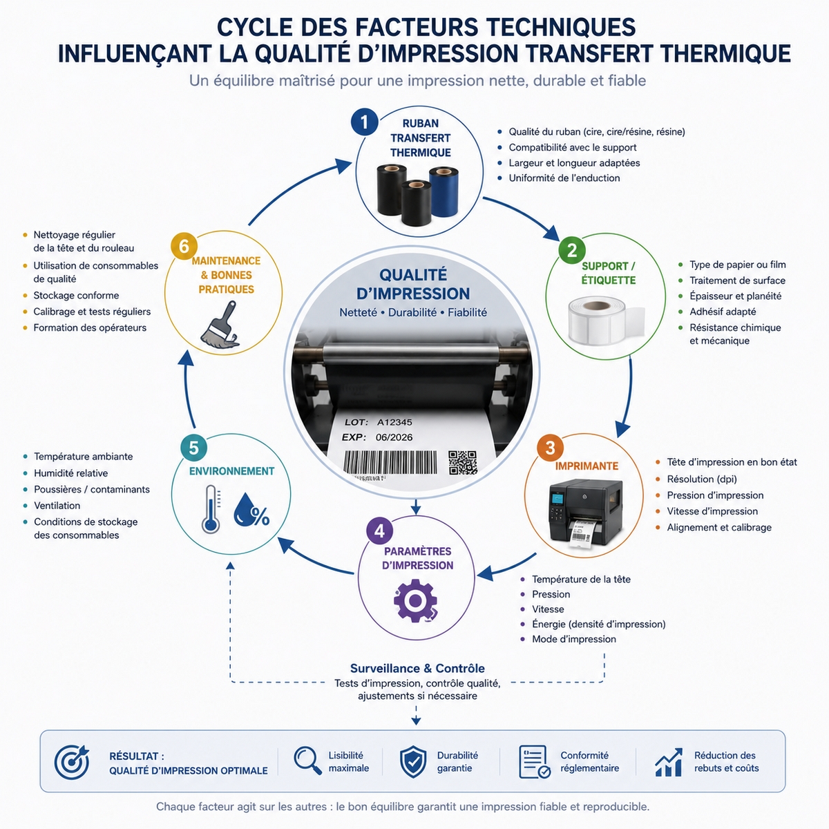 Schéma du cycle des facteurs techniques influençant la qualité d'impression transfert thermique