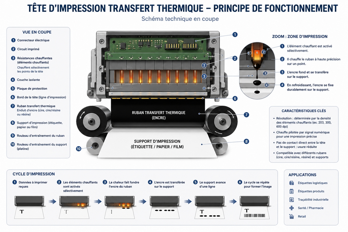 Schéma technique en coupe du fonctionnement d'une tête d'impression transfert thermique