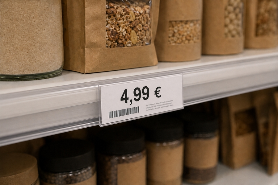Insert imprimé glissé dans un rail de rayonnage de magasin