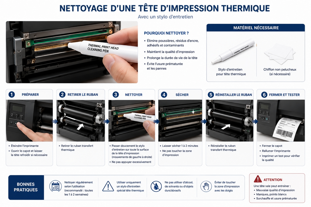Illustration du nettoyage d'une tête d'impression thermique avec un stylo d'entretien