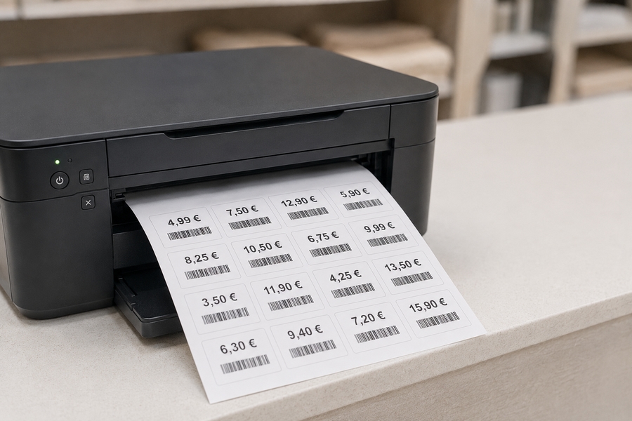 Planche A4 d'étiquettes de prix imprimée depuis une imprimante de bureau en boutique