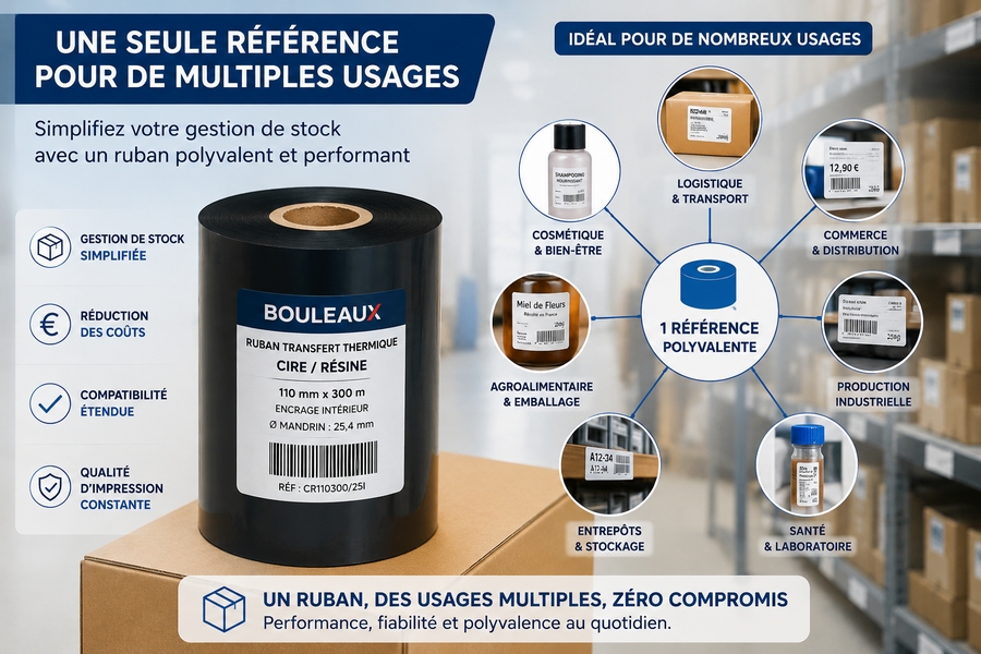 Illustration d'une référence unique de ruban couvrant plusieurs usages en stock