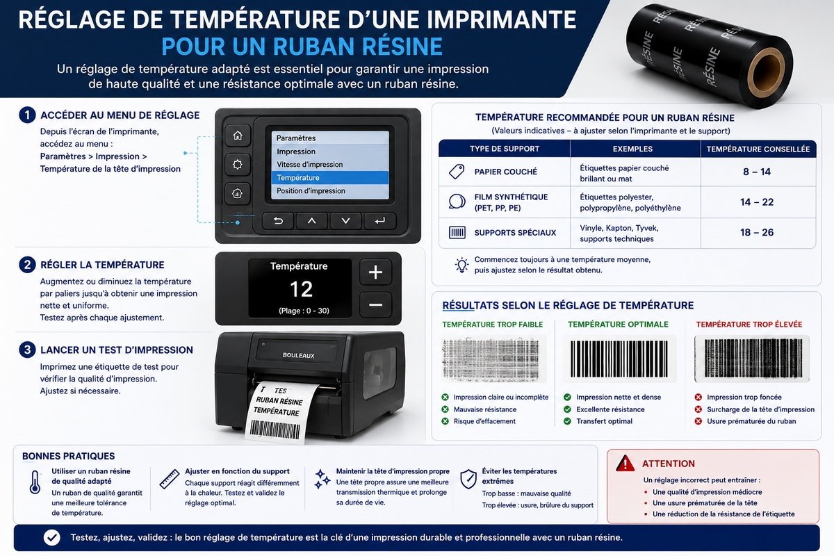 Illustration du réglage de température d'une imprimante pour un ruban résine