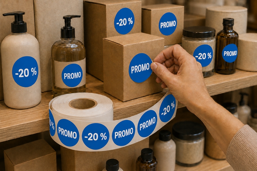 Rouleau d'étiquettes promotionnelles en cours de pose sur des produits en rayon