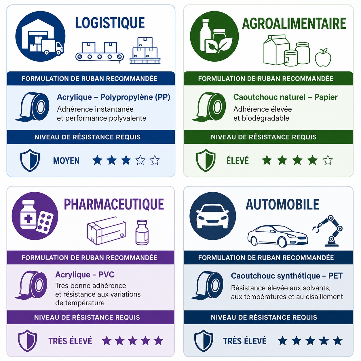 Infographie des cas d'usage des rubans transfert thermique par secteur : logistique, agroalimentaire, pharmaceutique, automobile