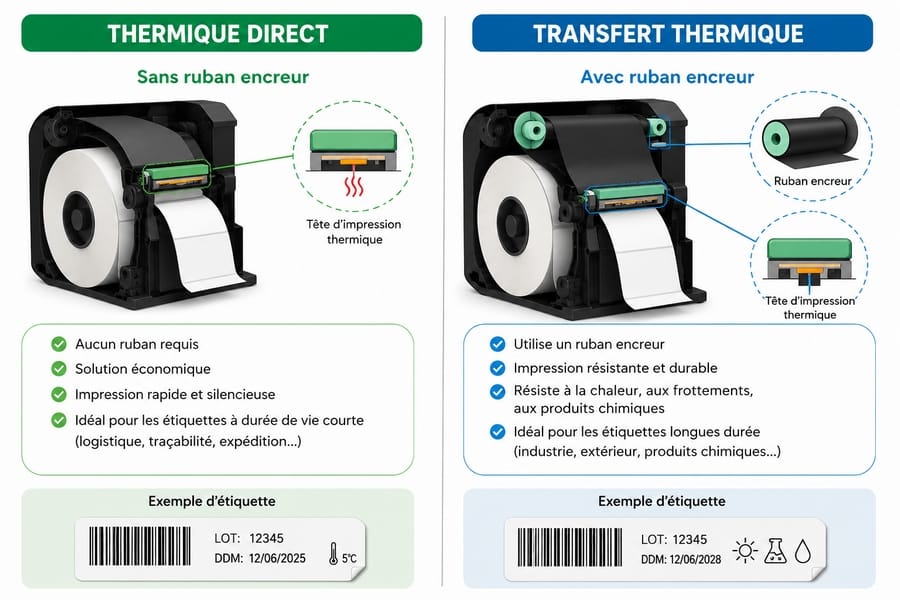 Schéma comparatif entre impression thermique directe et transfert thermique