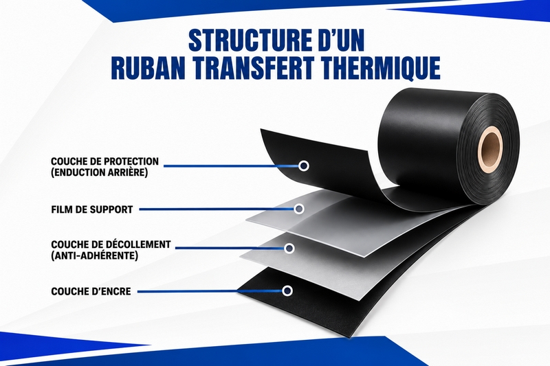 Schéma en coupe de la couche épaisse de résine pure d'un ruban transfert thermique