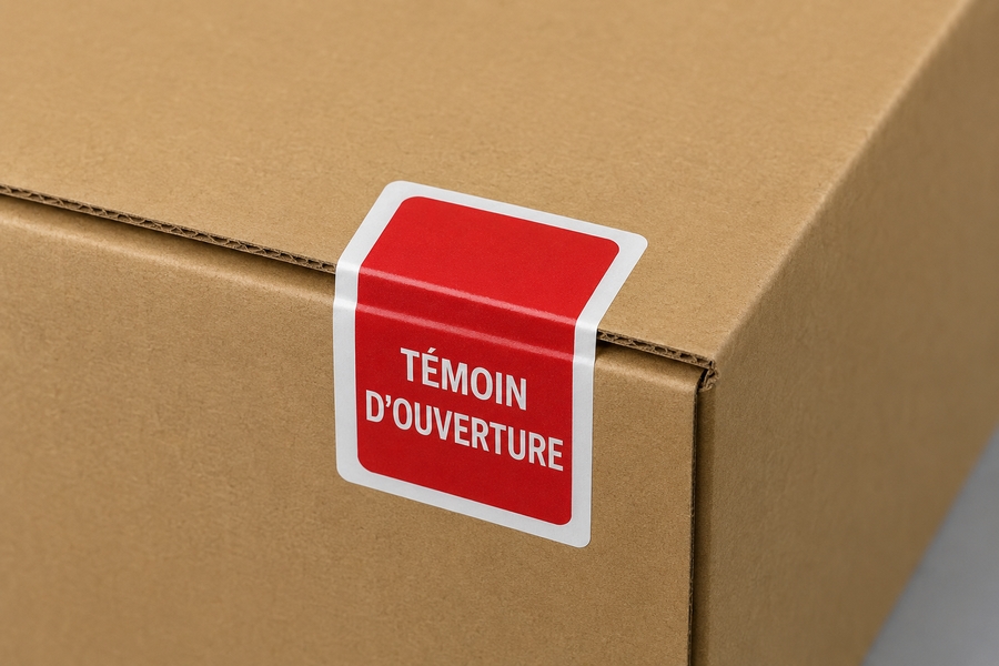 Étiquette témoin d'ouverture appliquée sur un carton scellé