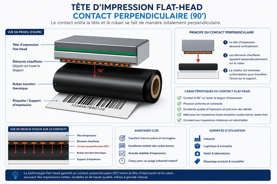 Schéma détaillé du contact perpendiculaire d'une tête d'impression flat-head