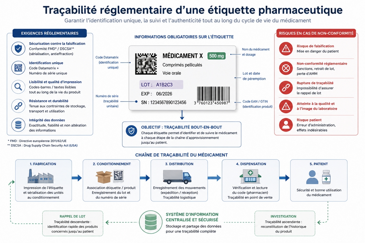 Schéma illustrant la contrainte de traçabilité réglementaire d'une étiquette pharmaceutique