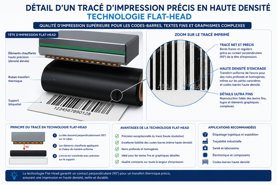Détail d'un tracé d'impression précis en haute densité réalisé en technologie flat-head