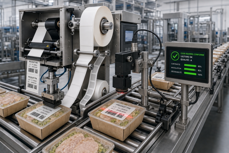 Vérification d'un code-barres fraîchement imprimé sur une ligne d'étiquetage automatisée