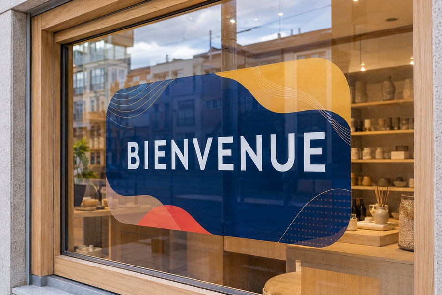 Vitrophanie personnalisée apposée sur une vitrine de boutique